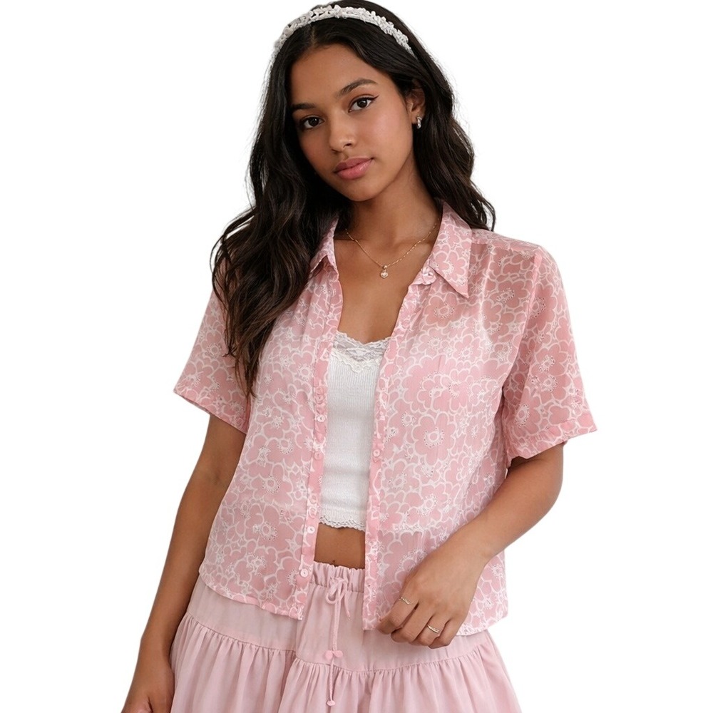 VINTAGE Silk Sheer Floral Button Up Blouse Y2K Coquette Pink Top Flower Power